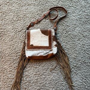 Brown and White Cowhide Fringe Crossbody Myra Bag